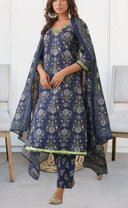 Navy Blue Jaipur Cotton Kurti With Pant And Dupatta Set .Pure Versatile ...