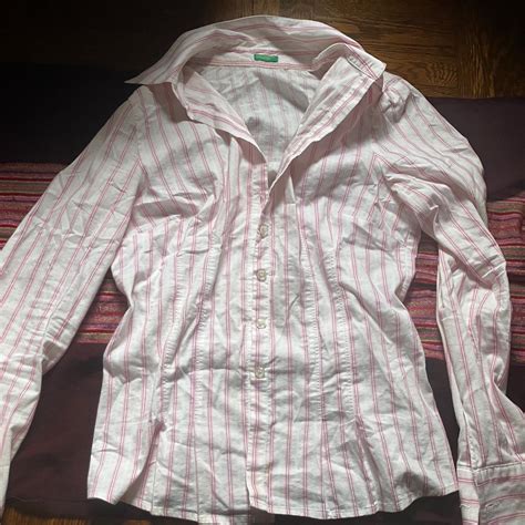 Pink and white striped long sleeve button up shirt.... - Depop