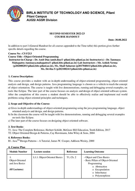 CS F213 1092 - Handout - BIRLA INSTITUTE OF TECHNOLOGY AND SCIENCE ...