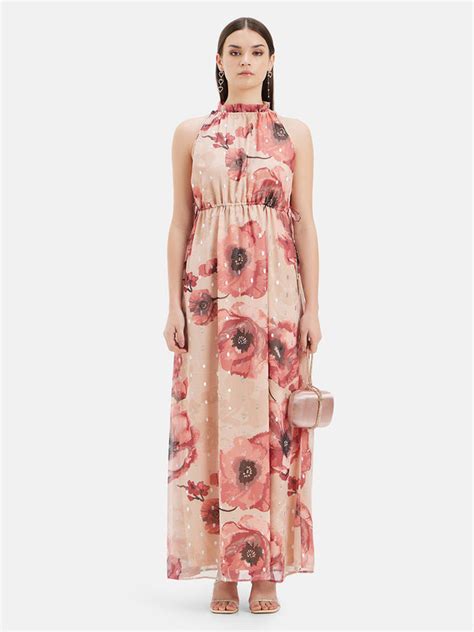 Floral Printed Halter Neck Maxi Dress with Drawstring Detail at Waist ...