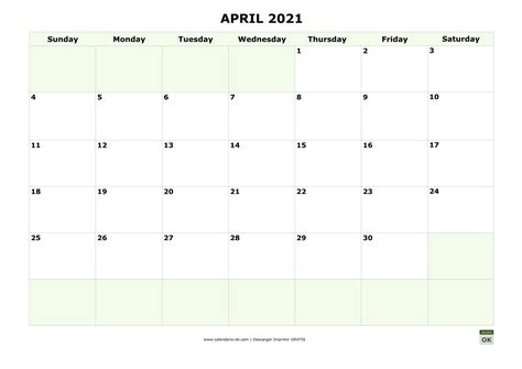 Plantilla Calendario 【ABRIL 2021】 para IMPRIMIR PDF