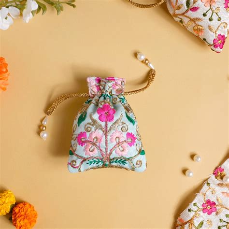 Aiyana Zari Floral Patterned Shagun Potli Bag Set Of 2