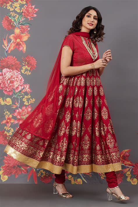 Buy Rohit Bal Red Chanderi Silk Anarkali Solid Suit Set Online at Biba ...