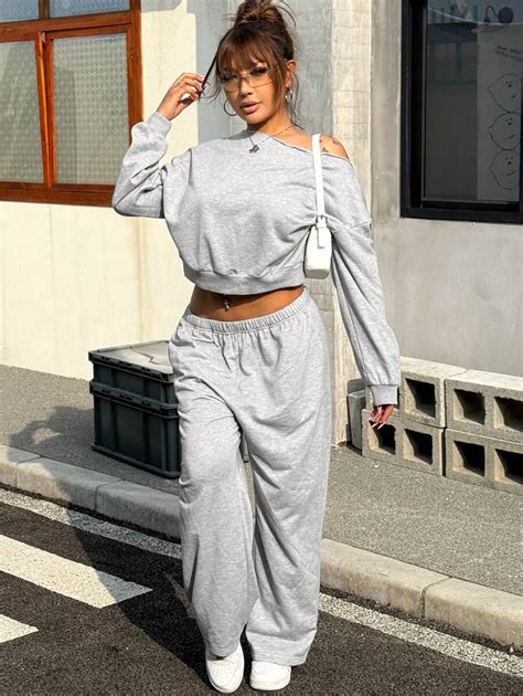 INAWLY Plus Size 2pcs Set: Asymmetrical Hem Cropped Sweatshirt And ...