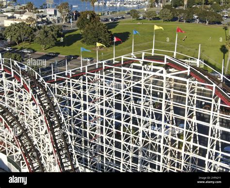 Aerial view of iconic Giant Dipper roller coaster in Belmont Park, an ...