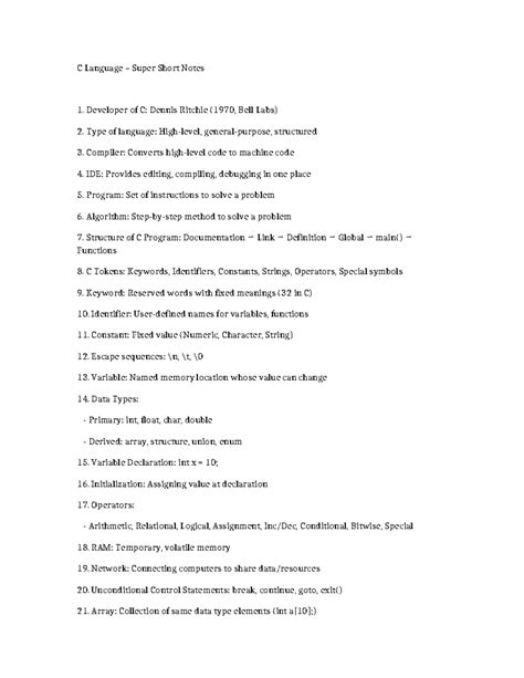 C Programming Short Notes: Key Concepts & Definitions - Studocu