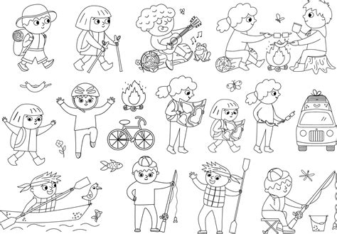 Cute hiking kids doing summer activities. Vector black and white summer ...