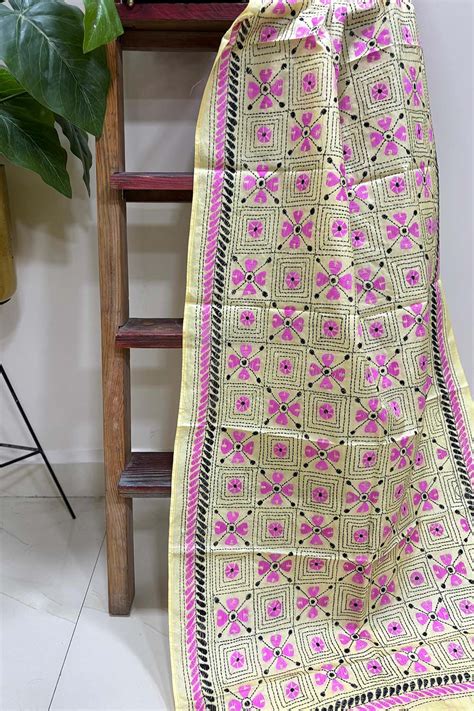 Yellow Hand Embroidered Kantha Bangalore Silk Stole