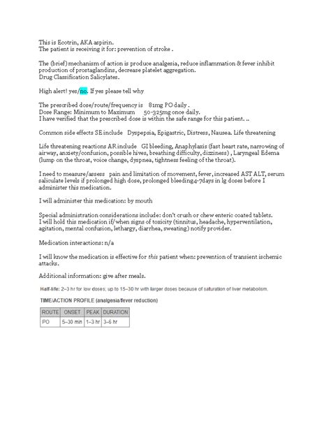 Aspirin (Ecotrin) Drug Card: Adverse Reactions & Nursing Care Notes - Studocu