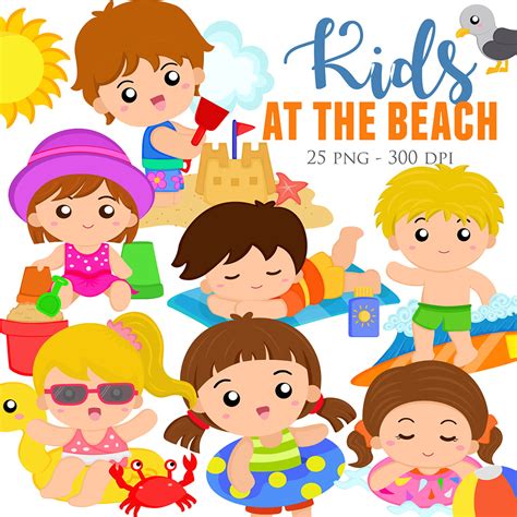 Kids at the Beach Summer Cute Vector Clipart Illustrations - MasterBundles