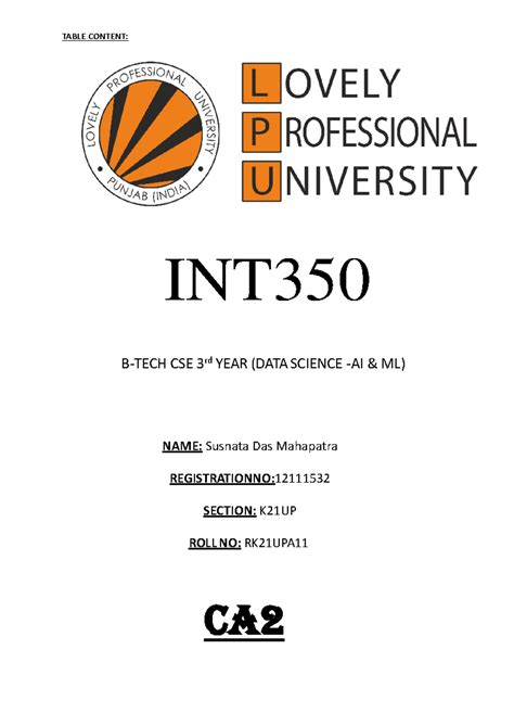 INT350 - Assignment - INT 350 B-TECH CSE 3 rd YEAR (DATA SCIENCE - AI ...