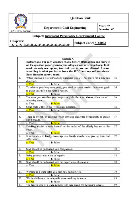 IPDC-Question Bank Final for Integrated Personality Development Course ...