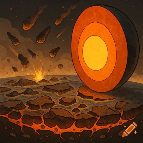 Illustration of early Earth formation showing layers, meteors, lava, and rocky surface. on Craiyon