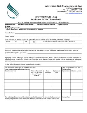 Fillable Online STATEMENT OF LOSS PERSONAL EFFECTS BAGGAGE Fax Email ...