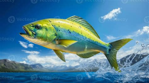Mahi-mahi jumping out of the sea background with empty space for text ...