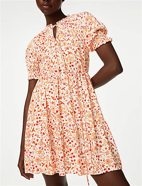 Buy Printed Tie Neck Mini Tiered Dress at Marks & Spencer