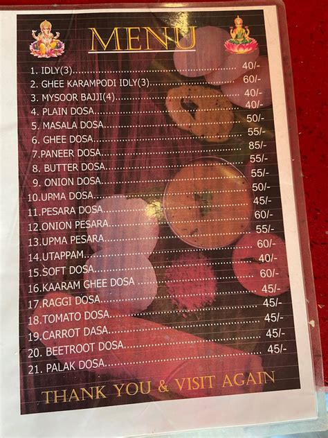 Menu at Varalakshmi Tiffins, Hyderabad, DLF street
