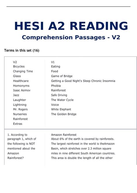 HESI A2 READING COMPREHENSION PASSAGES V2 Diagram Quizlet - Hesi A2 ...