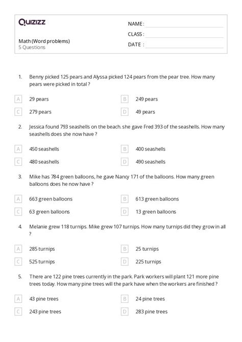 50+ Math Word Problems worksheets for 3rd Class on Quizizz | Free ...