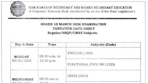 Goa Board Releases SSC, HSSC Exam Timetable For 2026; Check Subject ...