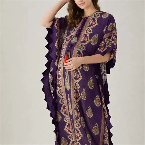 Purple Floral Printed Modal Maternity & Nursing Loungewear Kaftan with ...