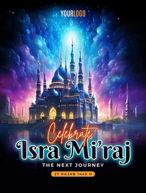 Celebrate isra miraj poster template with glowing mosque background ...