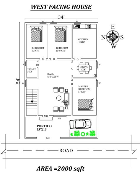 34 x 54 beautiful 3bhk west facing house plan as per vastu shastra autocad dwg and pdf file ...
