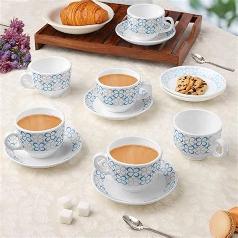 Larah by BOROSIL Sundrop Blue Opalware Cup and Saucer Set of 12 pcs ...