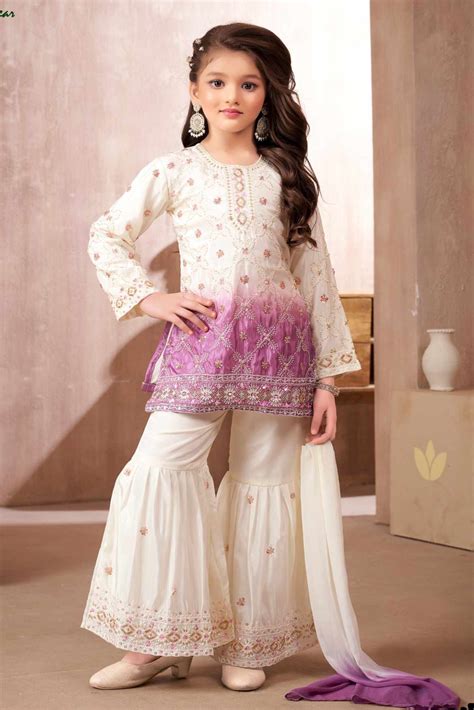 Ivory And Lavender Ombre Embroidered Kurti Sharara Set with Dupatta fo ...