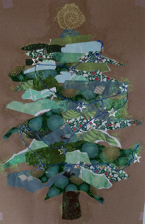 Christmas tree collage: ripped paper + glitter glue | Christmas card ...