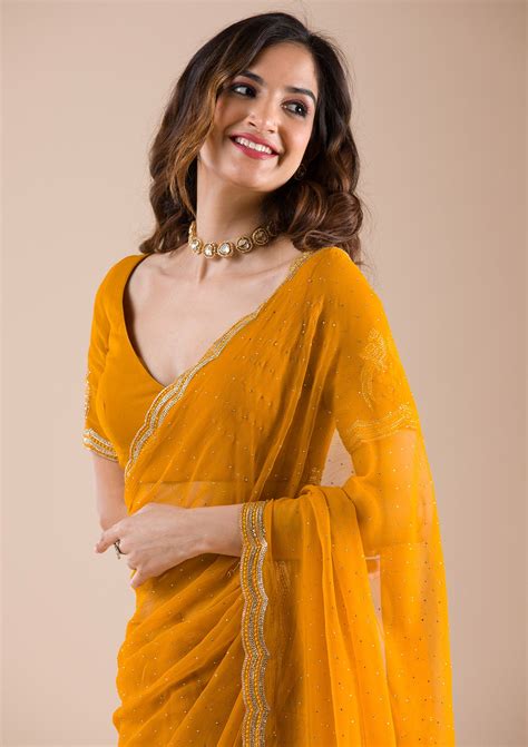 Buy Mustard Stonework Chiffon Saree - Koskii