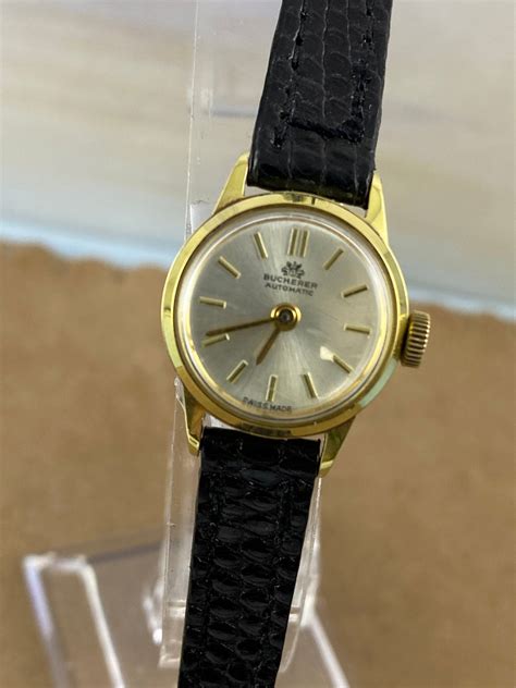 Vintage Bucherer Automatic Watch: 18K Gold Plated, Black Lizard Strap ...