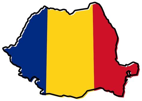 Vereinfachte Umrisskarte Rumäniens mit leicht gebogener Flagge darunter ...