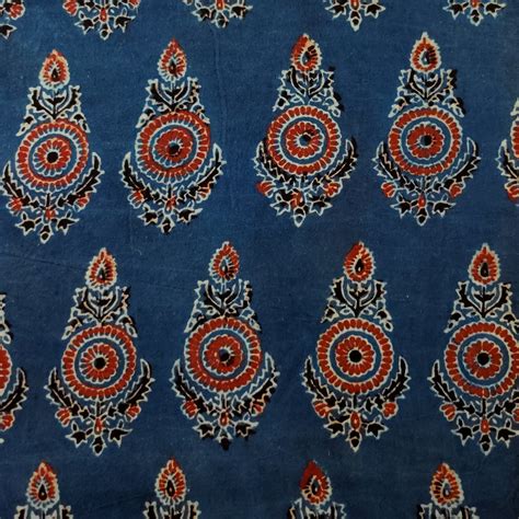 Pure Cotton Ajrak Blue With Rust Tribal Long Motif Hand Bock Print Fab ...