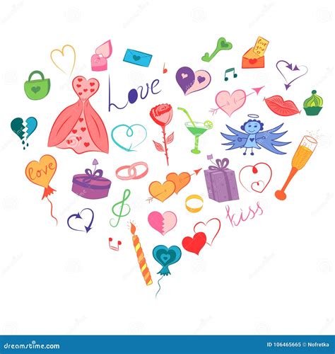 Colorful Hand Drawn Set of Valentine`s Day Symbols. Children`s Funny Doodle Drawings of Hearts ...