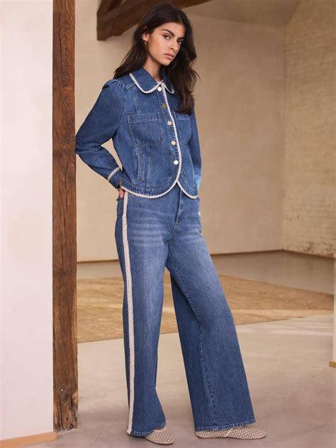 Mint Velvet High Rise Lace Trim Straight Jeans, Blue