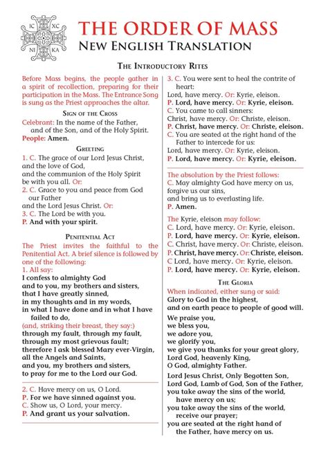 Catholic mass prayers and responses set out as a one page printable ...