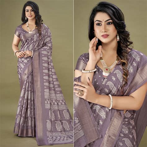 Mauve Floral Printed Dola Silk Saree