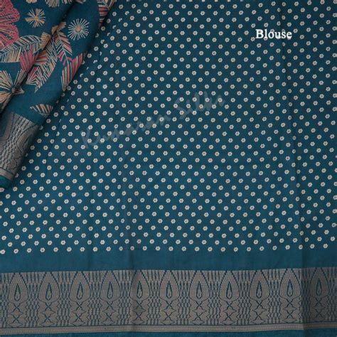 Semi Raw Silk Teal Blue Printed Saree With Zari Border – Kumaran Silks
