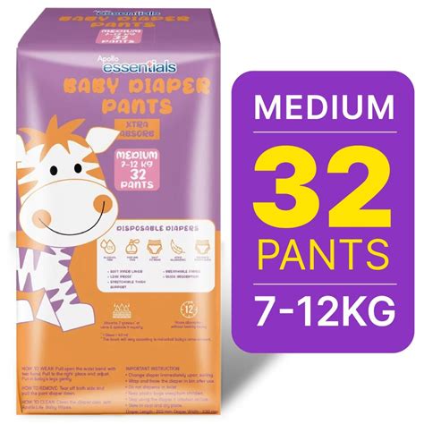 Apollo Essentials Extra Absorb Baby Diaper Pants Medium, 32 Count Price ...