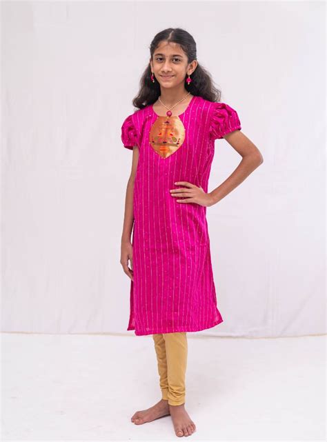 Dark Pink satin chanderi sequined, puff sleeved kurti with paithani yo ...