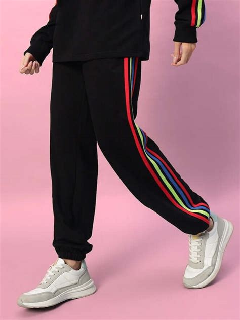 WOMEN DUDS RAINBOW COLORFUL STRIPE JOGGERS BLACK | Buy Online at ...