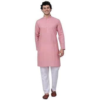 Buy KRAFT INDIA Men Cotton Linen Striped Thread Work Pink Knee Length ...