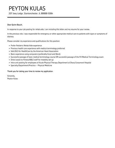 Rehab Aide Cover Letter | Velvet Jobs