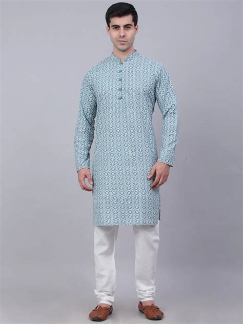 Men's Teal Blue & White embroidered Straight Kurta Pyjama Set ( JOKP 6 ...