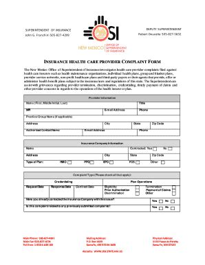Fillable Online INSURANCE HEALTH CARE PROVIDER COMPLAINT FORM Fax Email ...