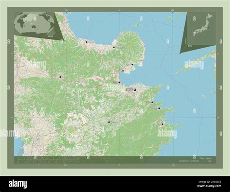Oita, prefecture of Japan. Open Street Map. Locations and names of major cities of the region ...