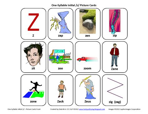 Testy yet trying: Initial Z: Free Speech Therapy Articulation Picture Cards