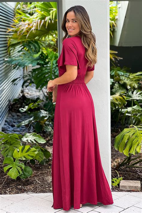 Burgundy Maxi Dress With Slit And Short Sleeves | Maxi Dresses – Saved ...