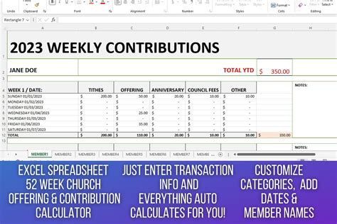 52 Week Church Bookkeeping Spreadsheet With Total Year to Date ...